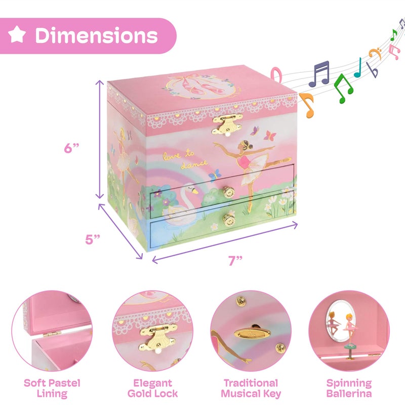 Jewelkeeper Jewelry Box for Girls - Spinning Ballerina Doll to Swan Lake Tune Music Box - Pink Jewelry Boxes for Girls with 2 Drawers - Ideal for Storing Necklaces and Bracelets - 7Lx5Hx6W Inches - Image 3